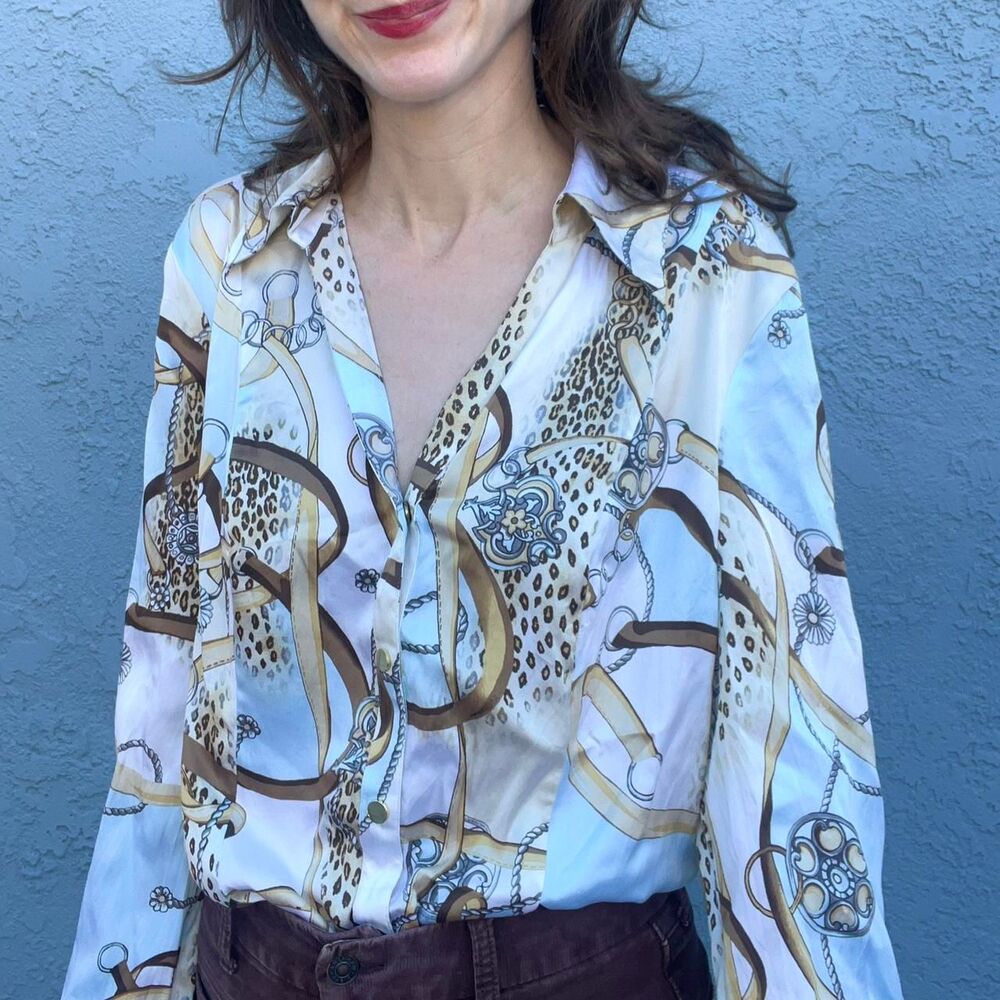 Cache Silk Blouse Y2k Equestrian Horse Bit Print … - image 3